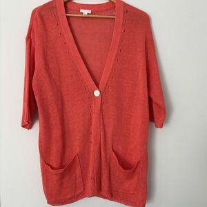 J. Jill Love Linen Cardigan Sweater Women M‎ Coral 3/4 Sleeve One Button Luxury